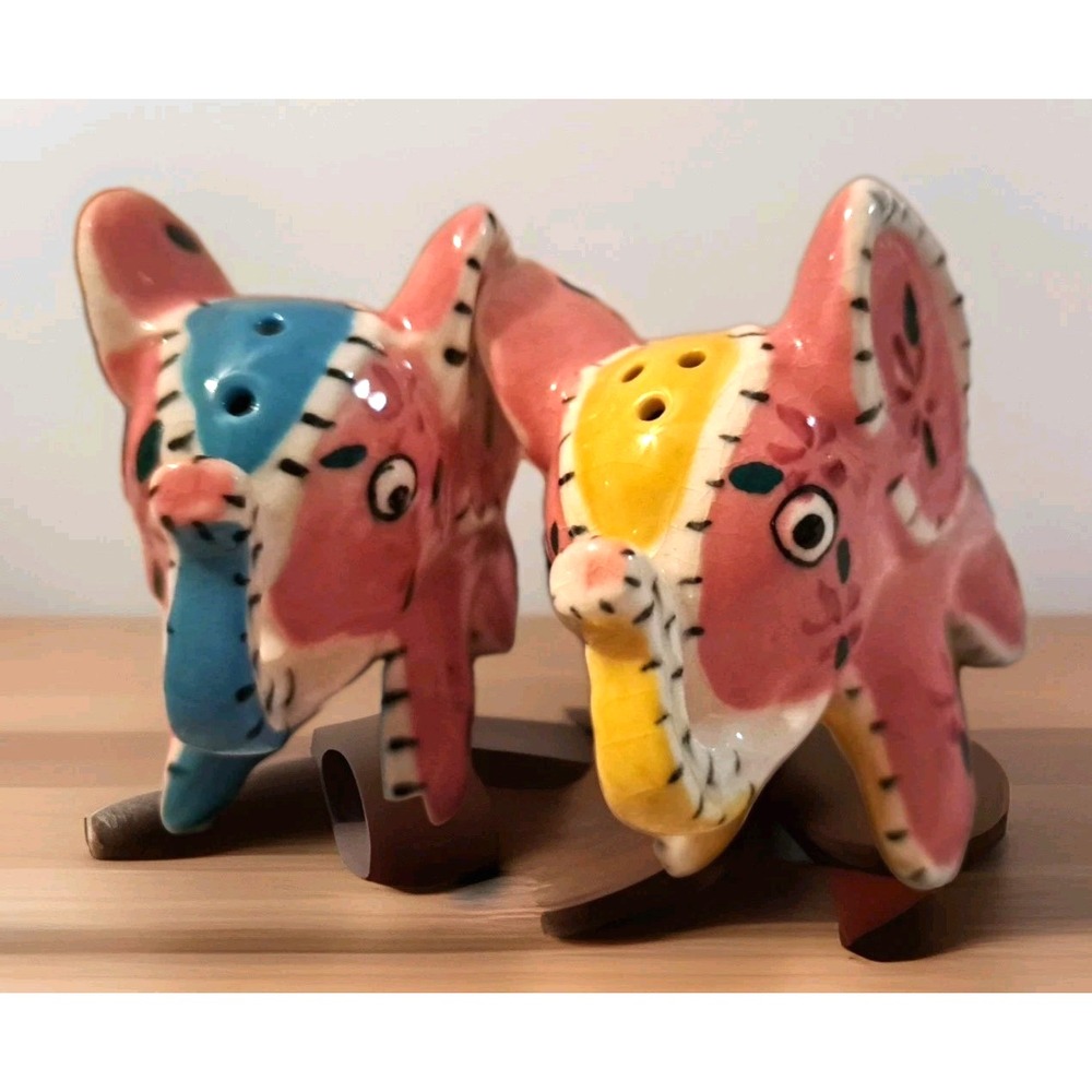 Vtg 1960s Ceramic Elephant Salt & Pepper Shakers‎ Stitch Design Japan Pink